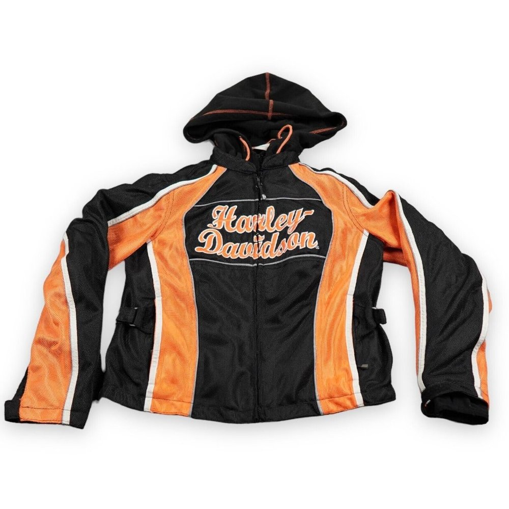 Harley Davidson Jacket Womens Small Black Orange Mesh Riding Racing 3-1 Hooded